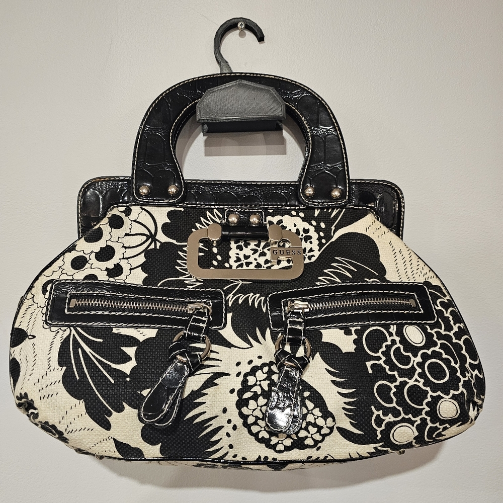 GUESS Black and Cream Floral Shoulder Bag
